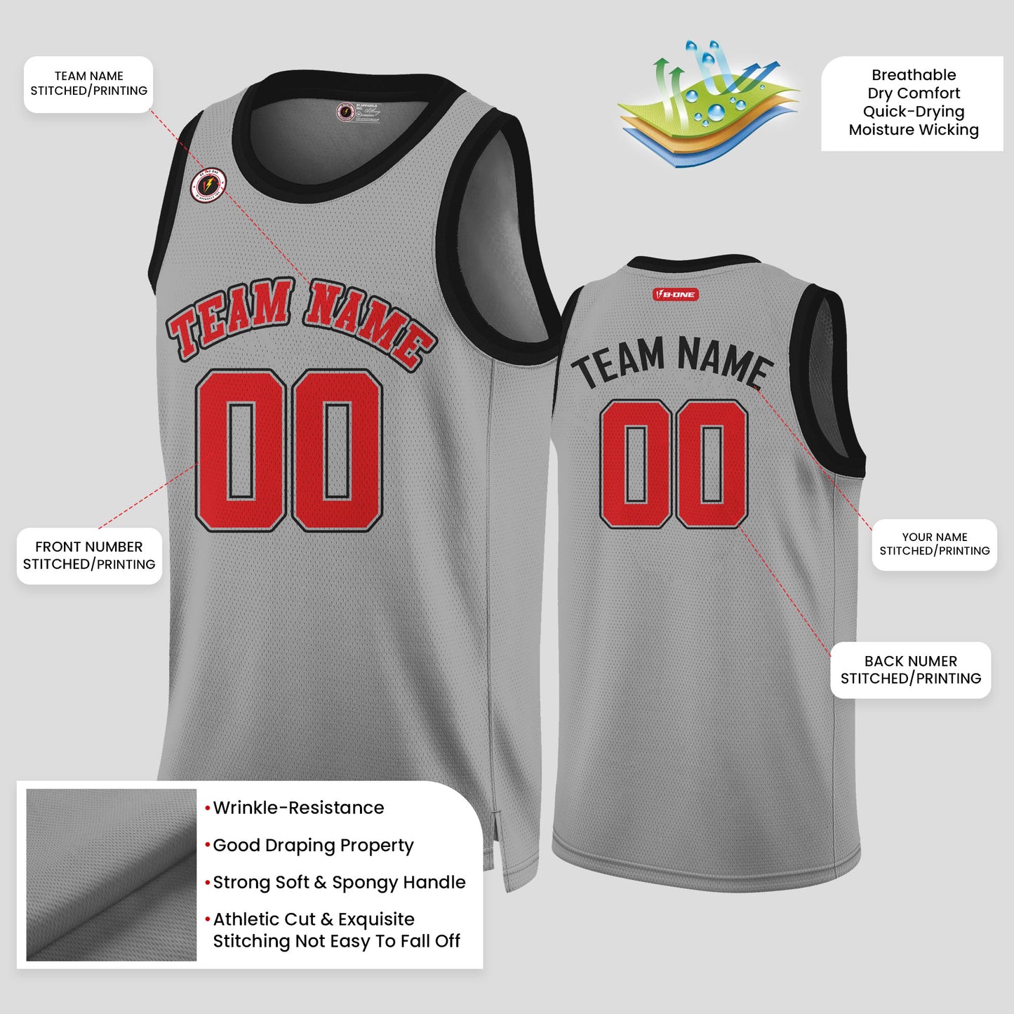 Custom Team Name Gray, Red, and Black Authentic Rib Knit Basketball Jersey