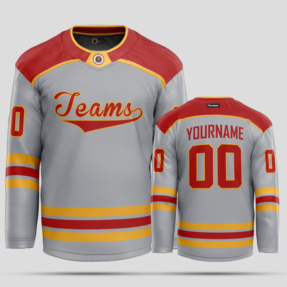 Custom Team Name Gray, Red, and Yellow Ice Hockey Jersey – Personalized Performance Gear