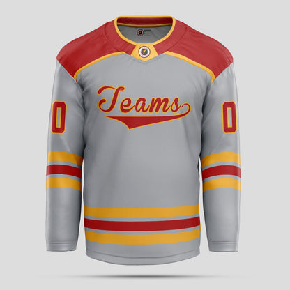 Custom Team Name Gray, Red, and Yellow Ice Hockey Jersey – Personalized Performance Gear