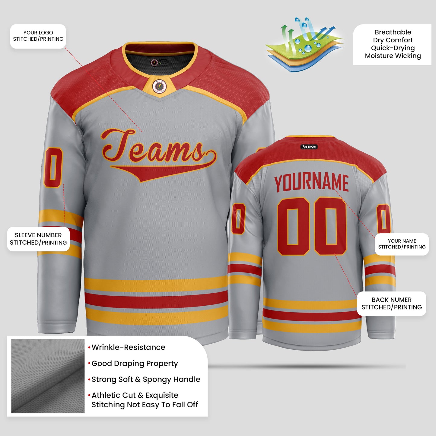 Custom Team Name Gray, Red, and Yellow Ice Hockey Jersey – Personalized Performance Gear