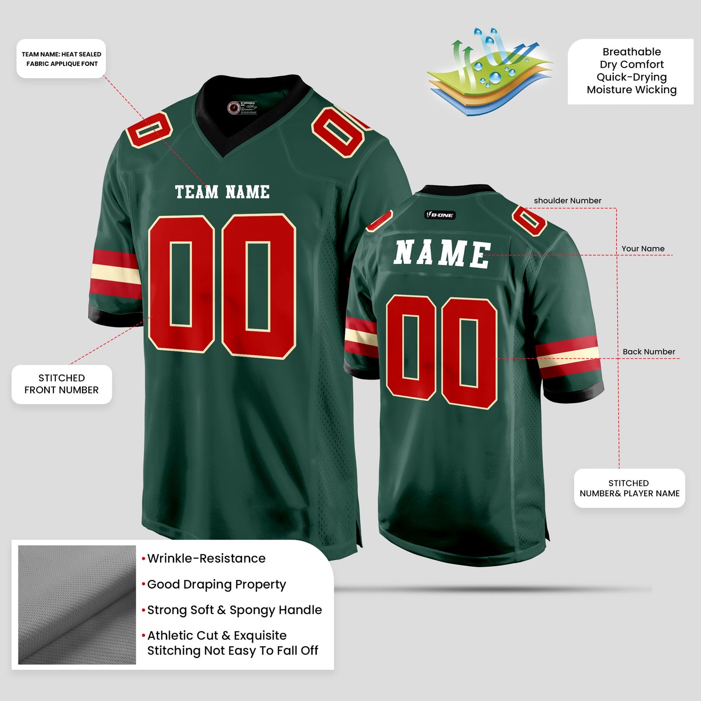 Custom Team Name Green, Mehroon, and White Football Jersey with Personalized Design