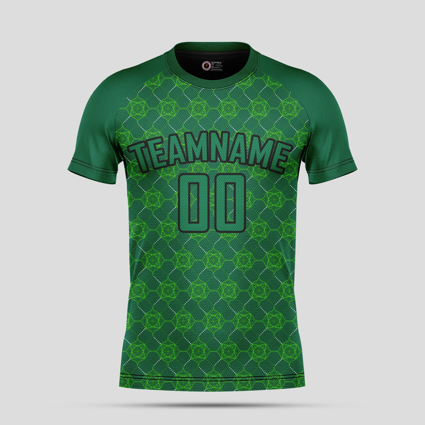 Custom Team Name Soccer Jerseys – Green Pattern & Black Personalized Uniforms