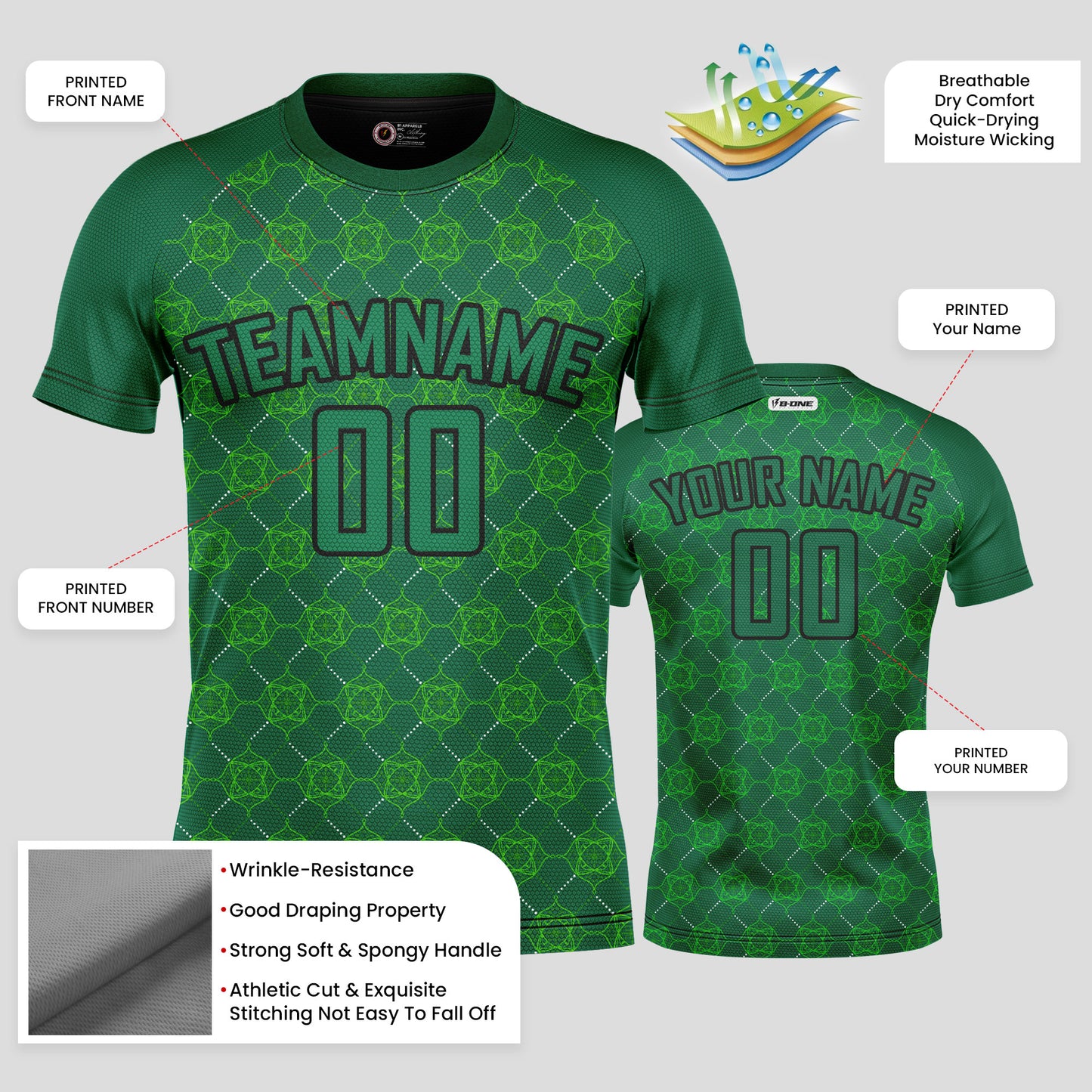 Custom Team Name Soccer Jerseys – Green Pattern & Black Personalized Uniforms