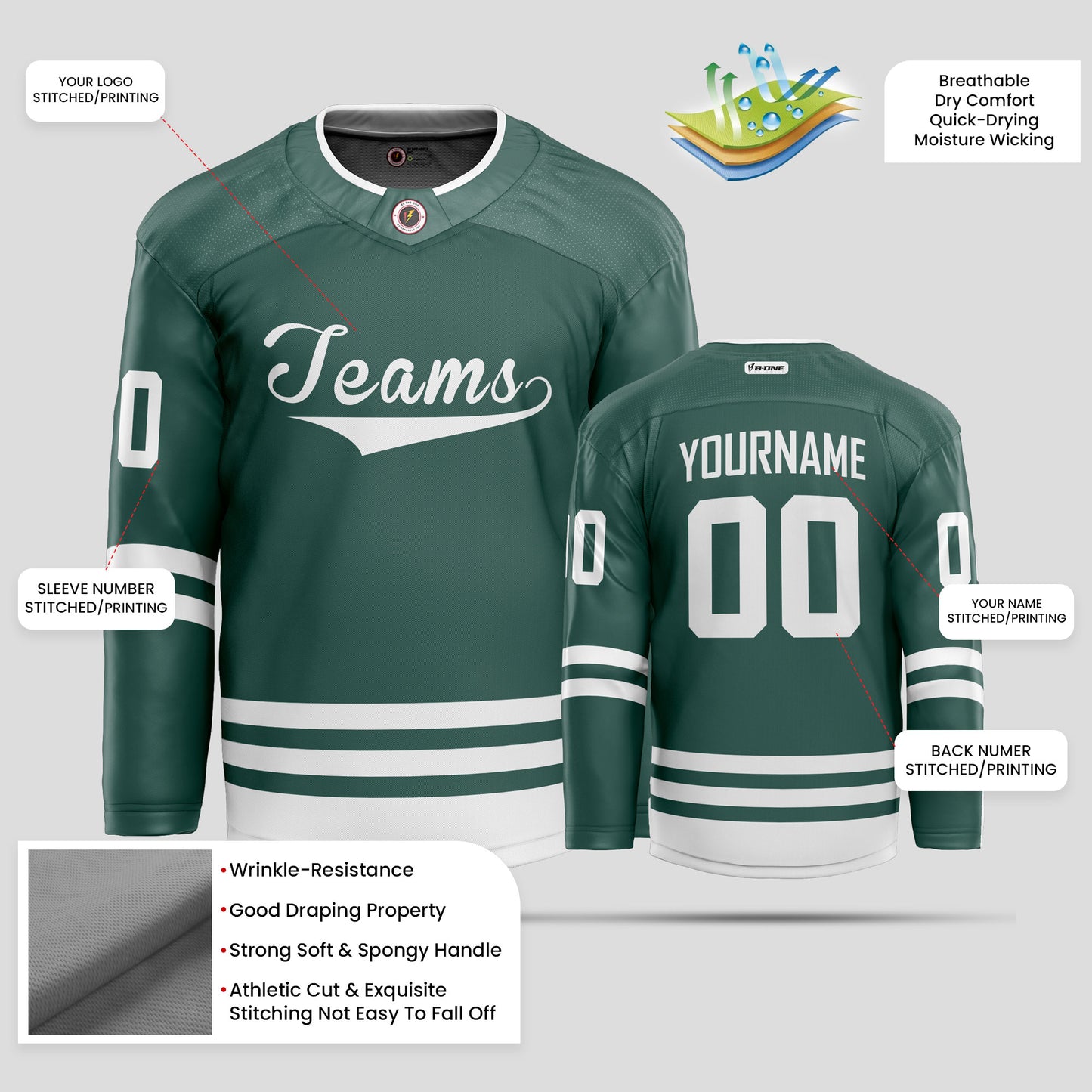 Custom Green & White Authentic Hockey Jersey with Team Name Personalization