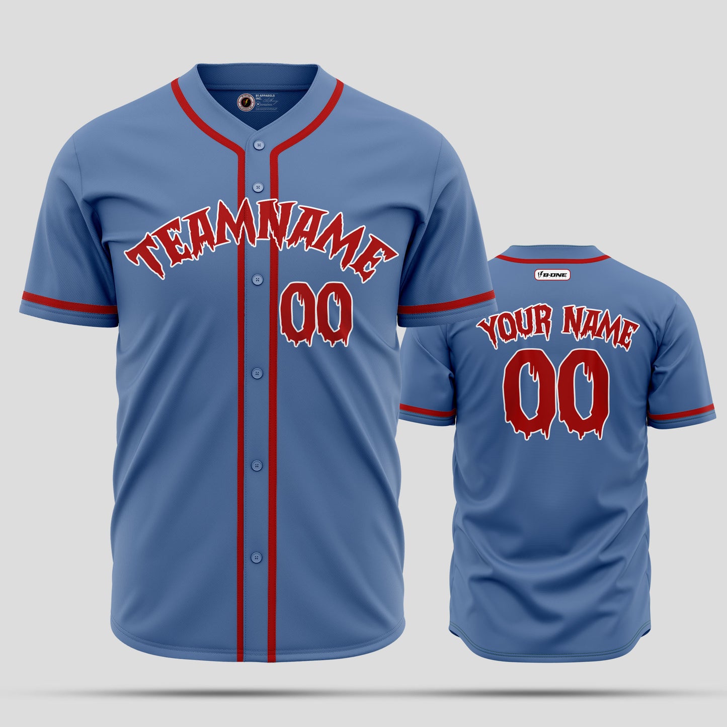 Customizable Light Blue & Red Baseball Jersey with Team Name