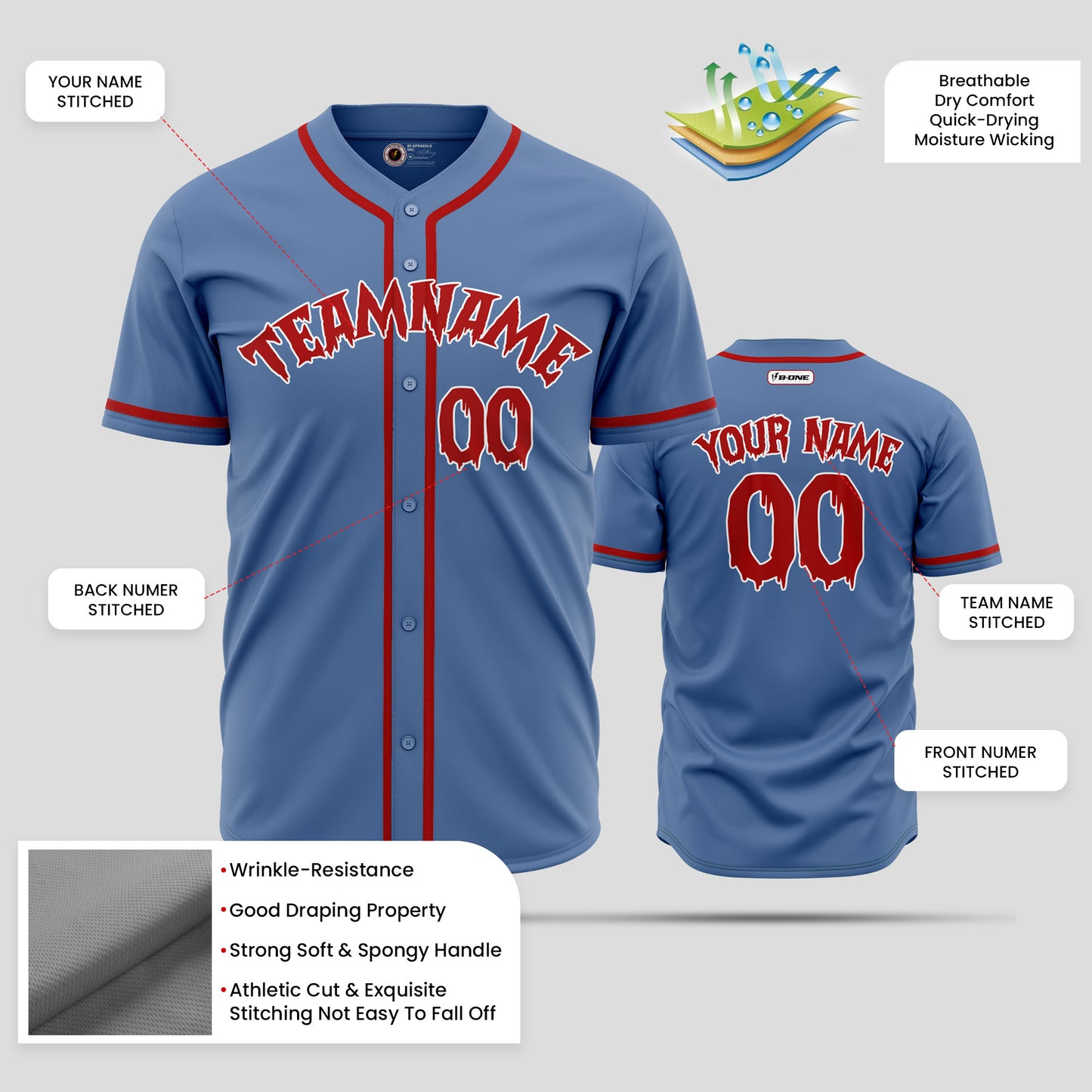 Customizable Light Blue & Red Baseball Jersey with Team Name