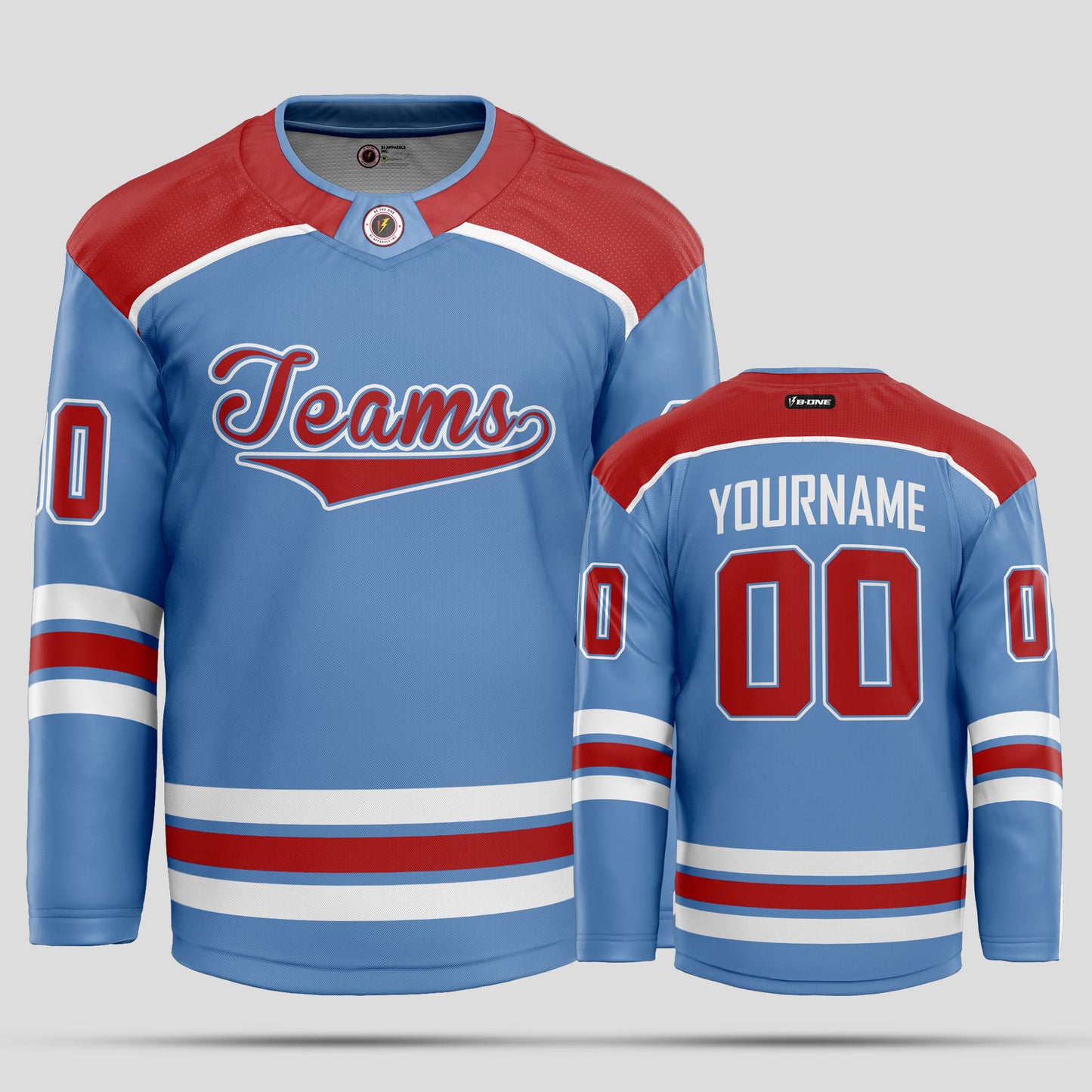 Custom Team Name Light Blue, Red, and White Authentic Hockey Jersey