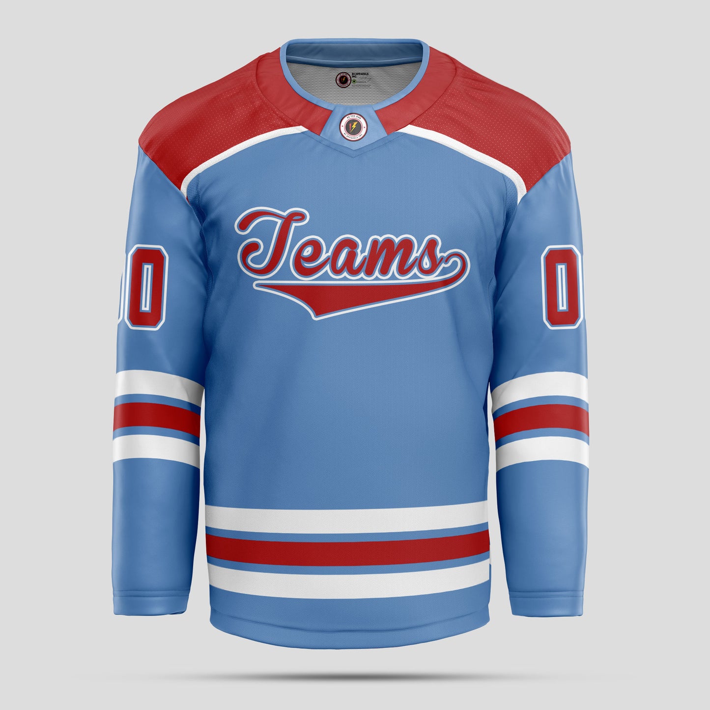 Custom Team Name Light Blue, Red, and White Authentic Hockey Jersey