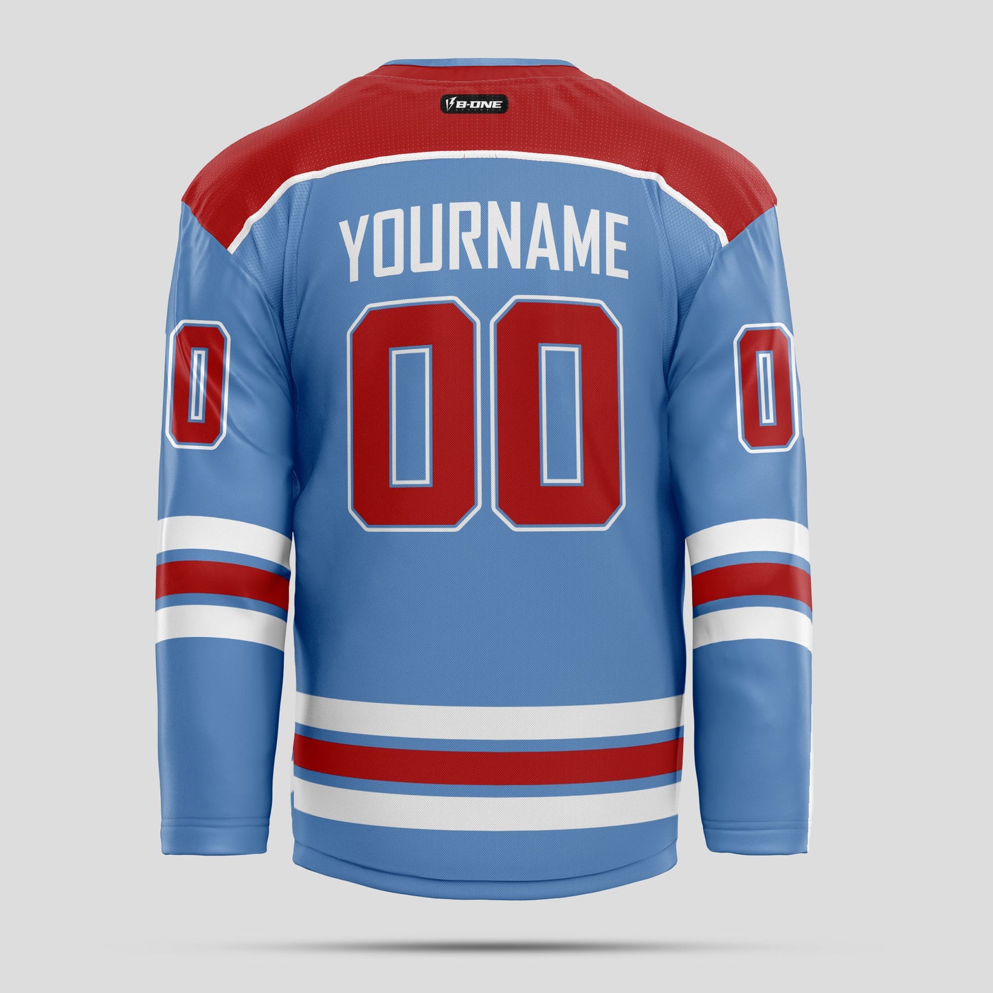 Custom Team Name Light Blue, Red, and White Authentic Hockey Jersey