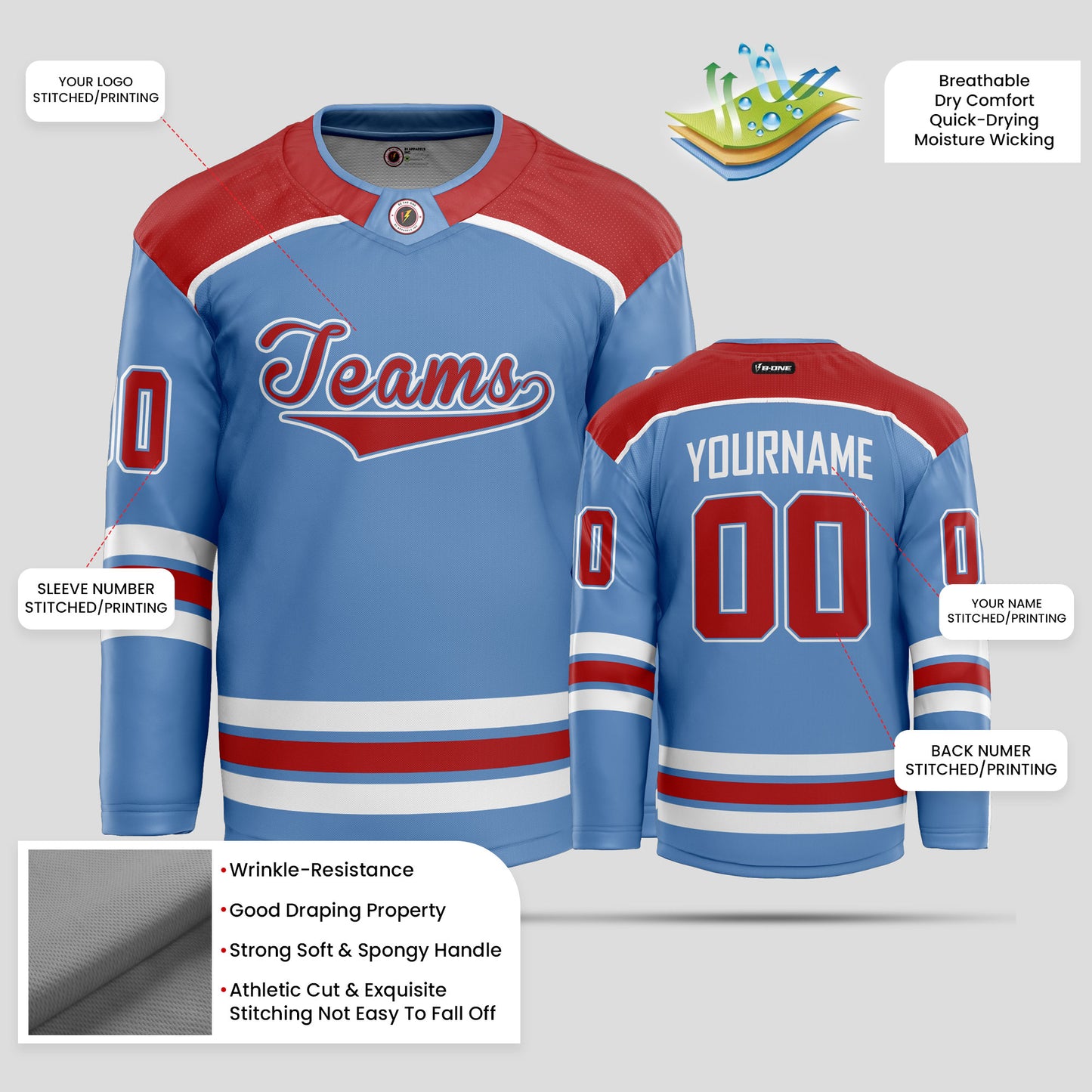 Custom Team Name Light Blue, Red, and White Authentic Hockey Jersey