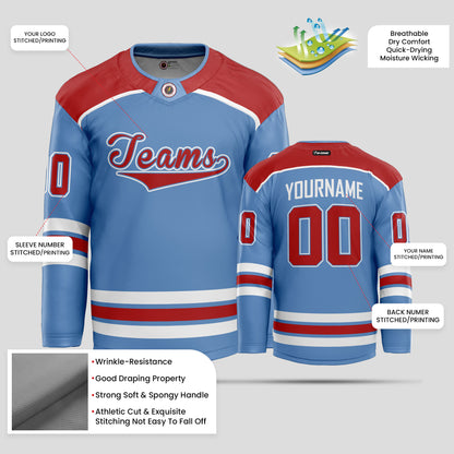 Custom Team Name Light Blue, Red, and White Authentic Hockey Jersey