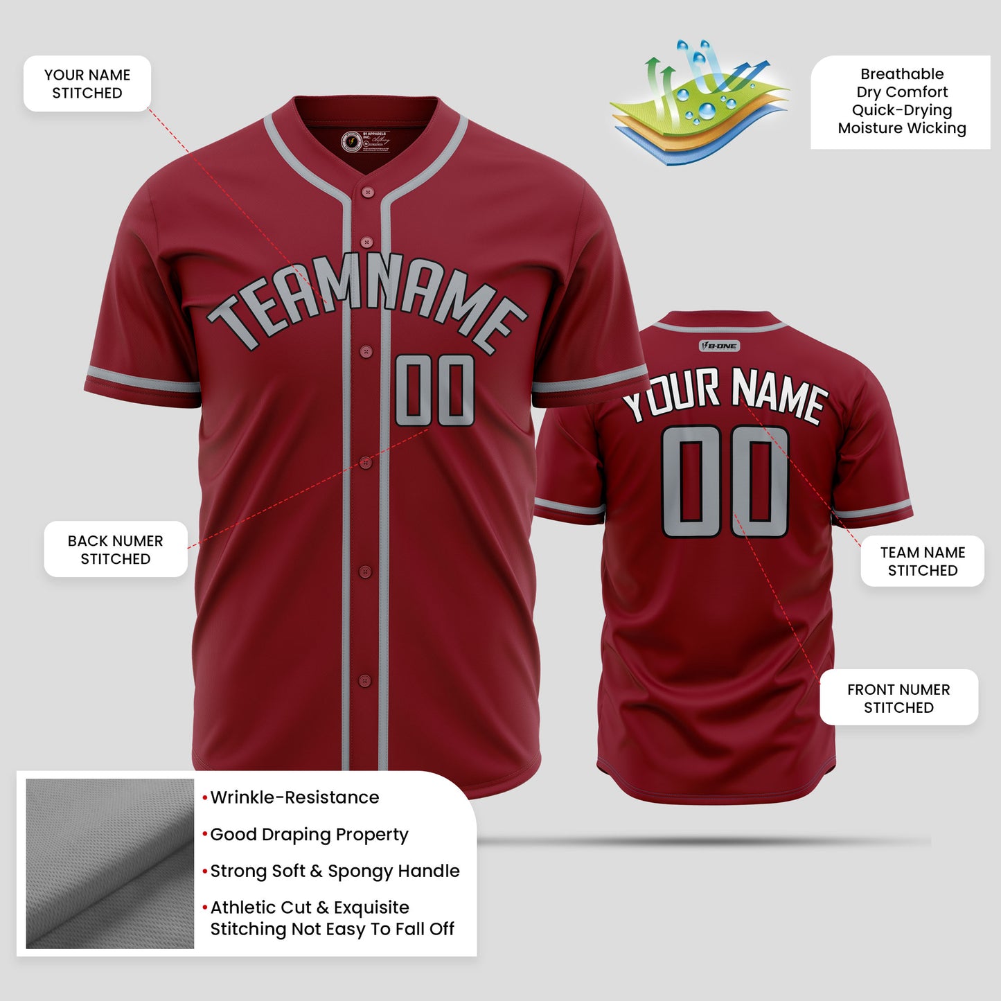 Custom Team Name Maroon & Grey Baseball Jersey