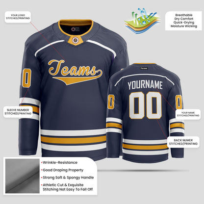 Custom Team Name Navy, Yellow, and White Hockey Jersey - Personalized Team Uniform