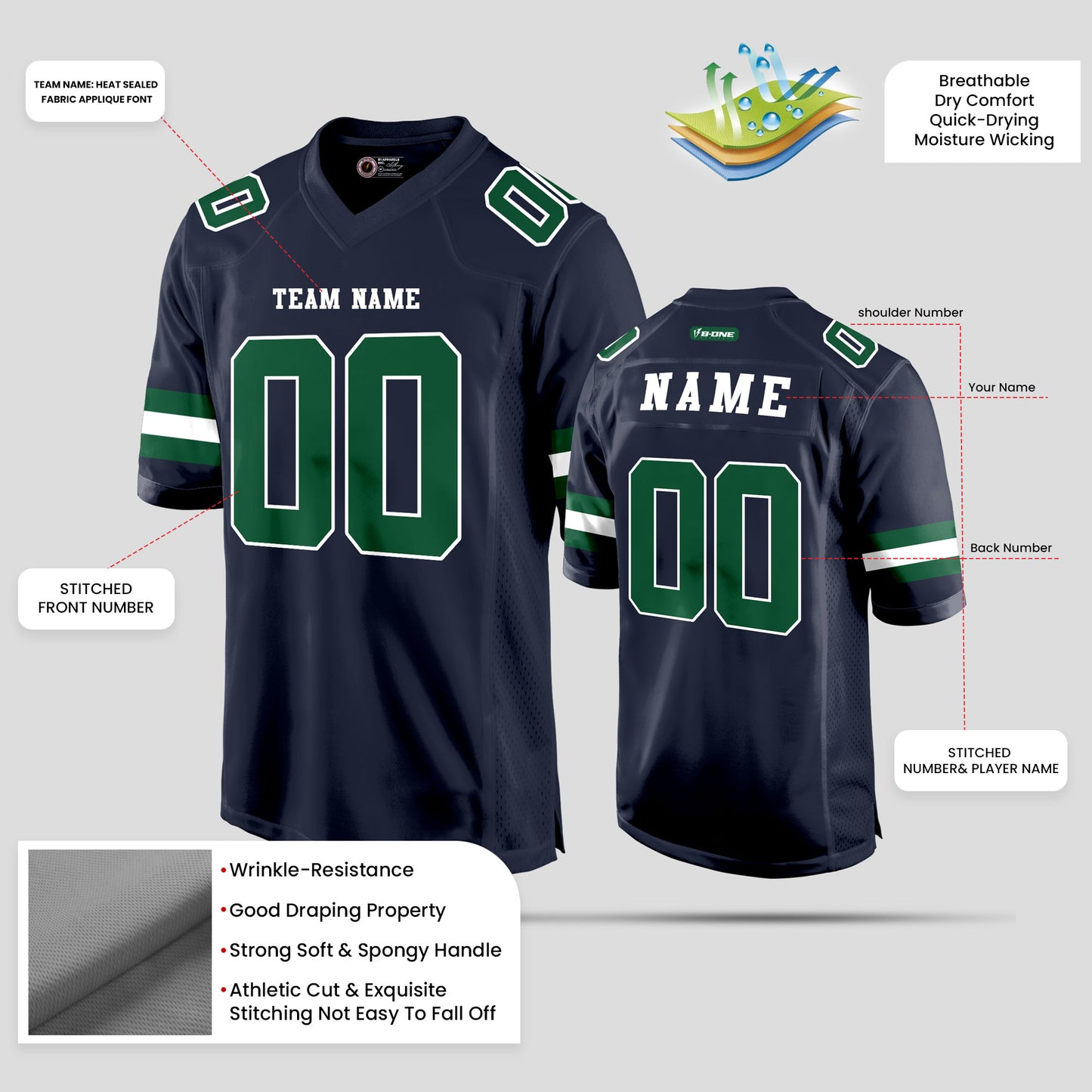 Custom Team Name Navy Blue and Green Football Jersey – Premium Personalized Sportswear