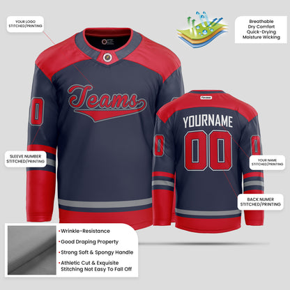 Custom Team Name Navy Blue and Red Hockey Jersey - Personalized Teamwear