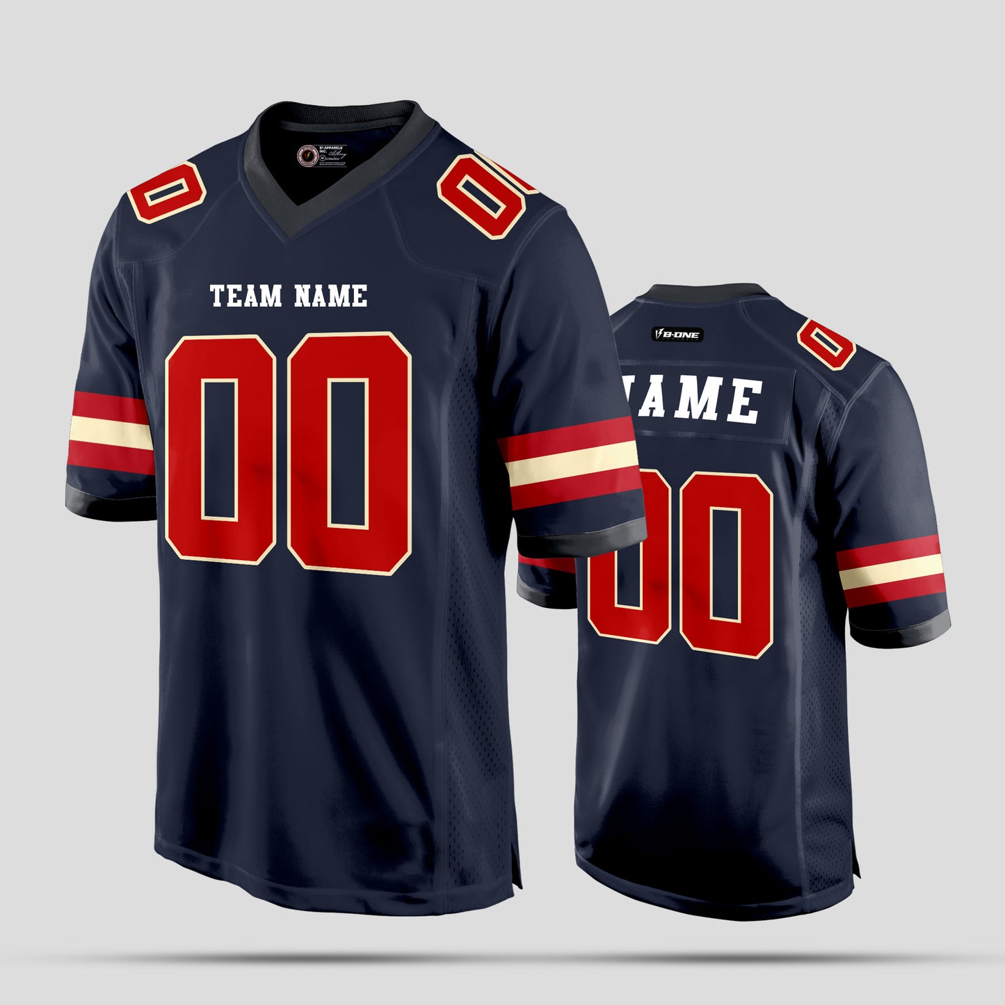 Custom Team Name Navy Blue, Red, and White Football Jersey – High-Quality Personalized Sportswear