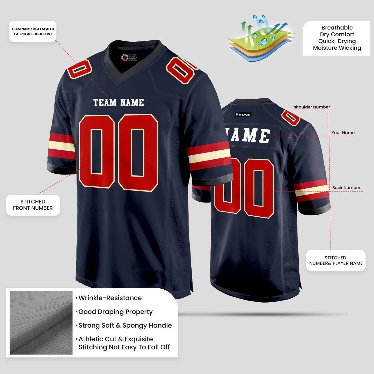 Custom Team Name Navy Blue, Red, and White Football Jersey – High-Quality Personalized Sportswear