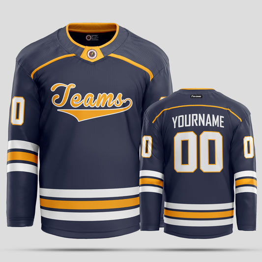 Custom Team Name Navy Blue, White, and Yellow Hockey Jersey - Personalized Team Gear