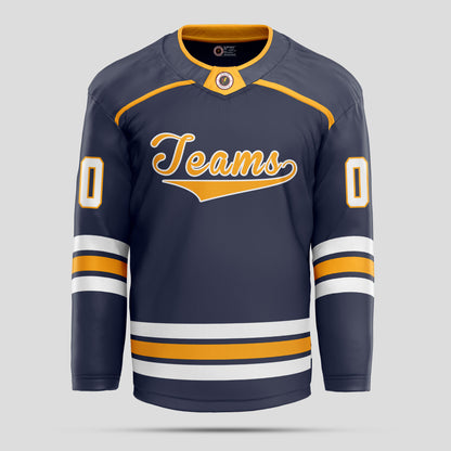 Custom Team Name Navy Blue, White, and Yellow Hockey Jersey - Personalized Team Gear