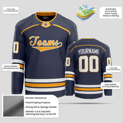 Custom Team Name Navy Blue, White, and Yellow Hockey Jersey - Personalized Team Gear