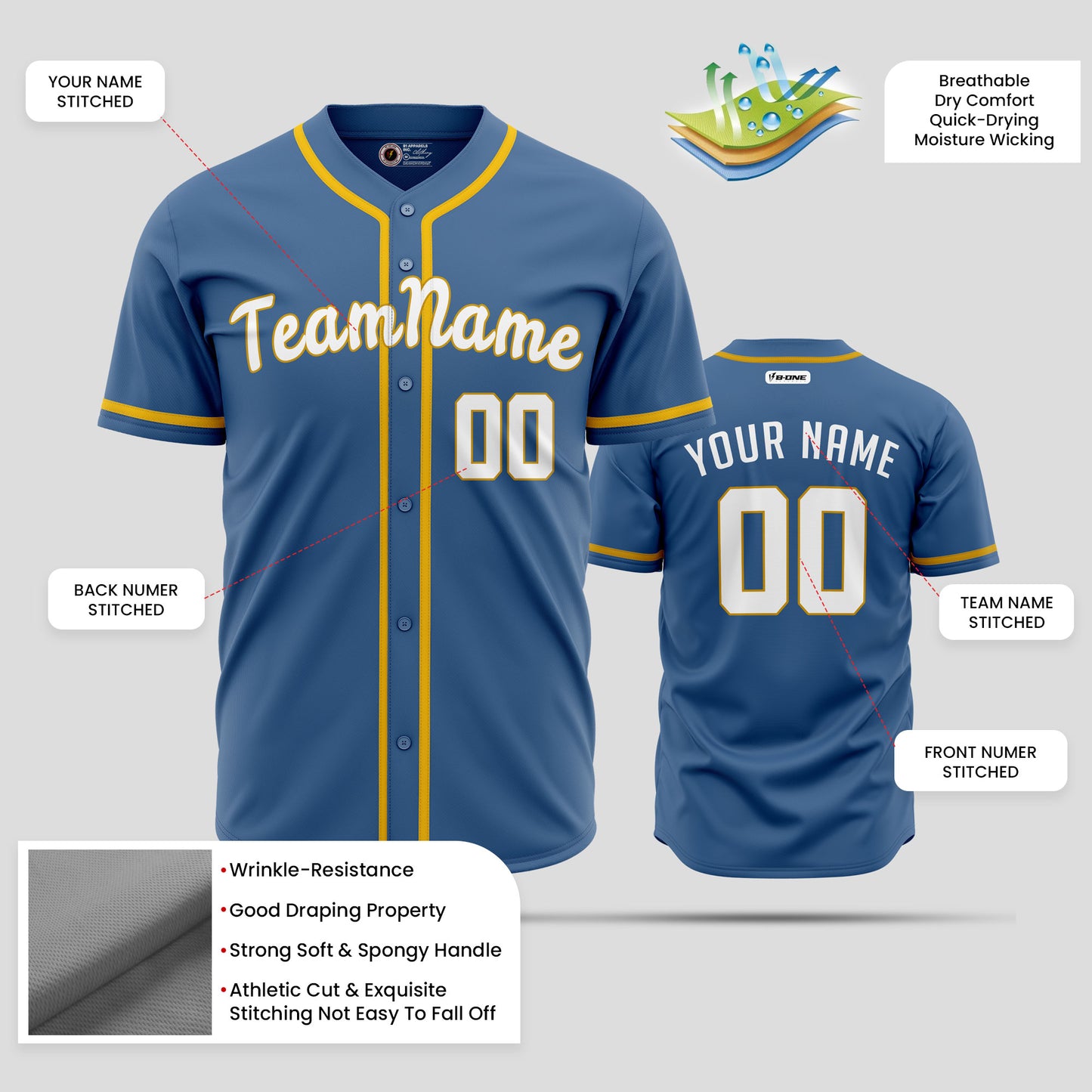 Custom Navy Blue, Yellow & White High-Quality Baseball Jersey with Team Name