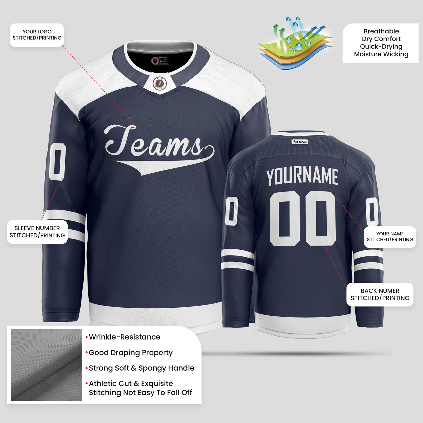 Custom Team Name Navy and White Hockey Jersey - Personalized Team Uniform