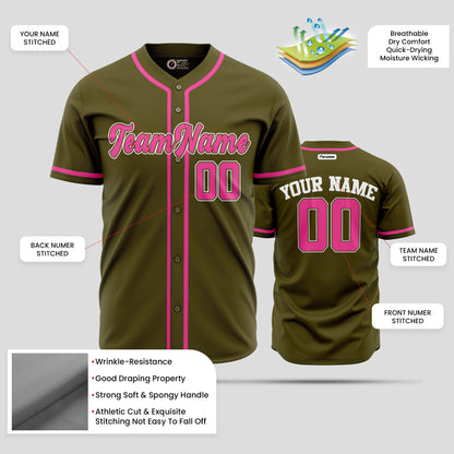 Custom Olive and Pink Baseball Jersey with Team Name