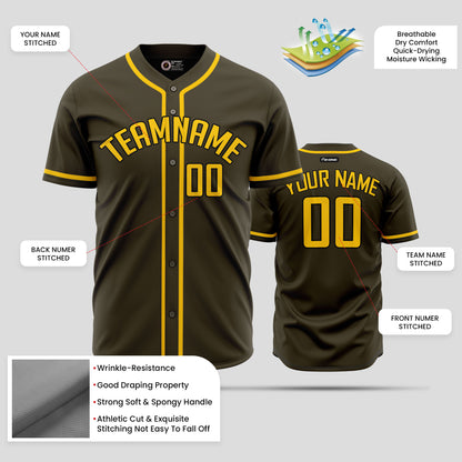 Custom Olive and Gold Baseball Jersey with Team Name Embroidery