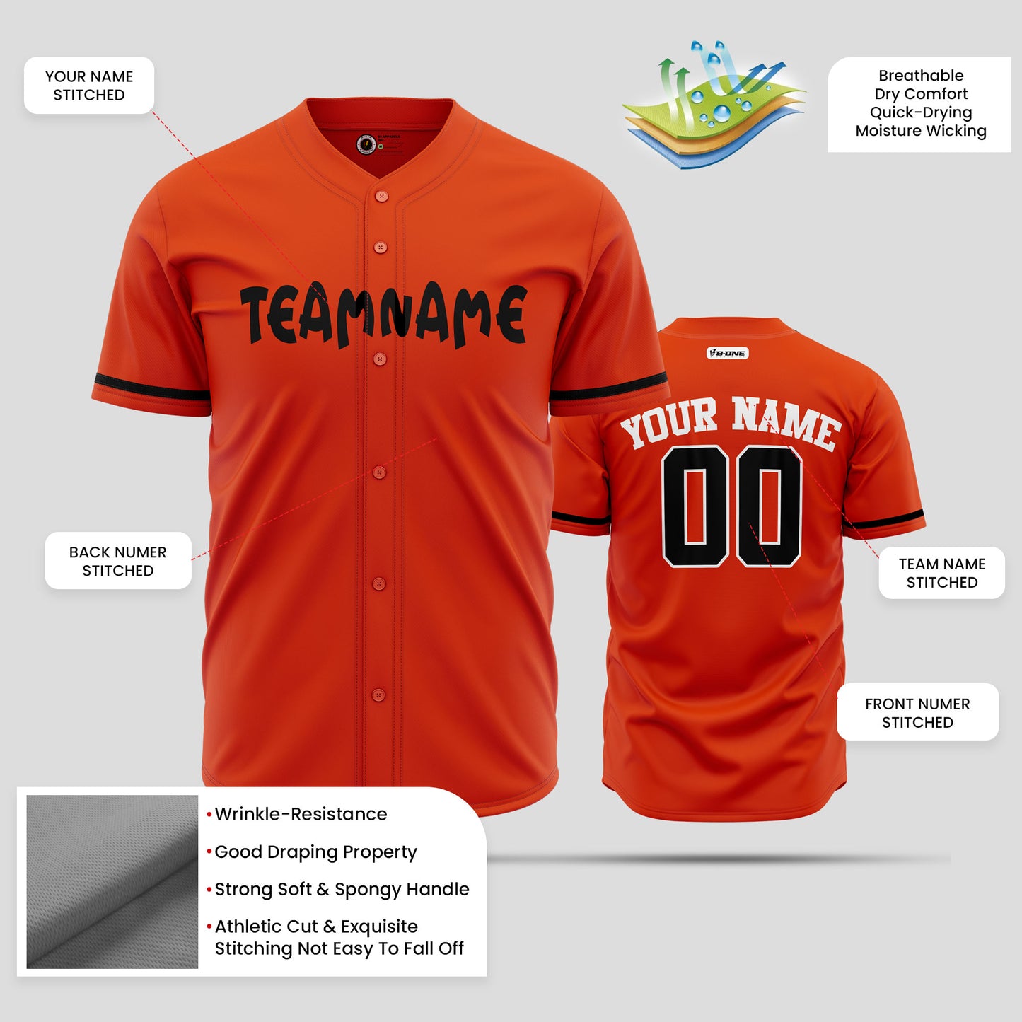 Custom Team Name Orange, Black & White Baseball Jersey