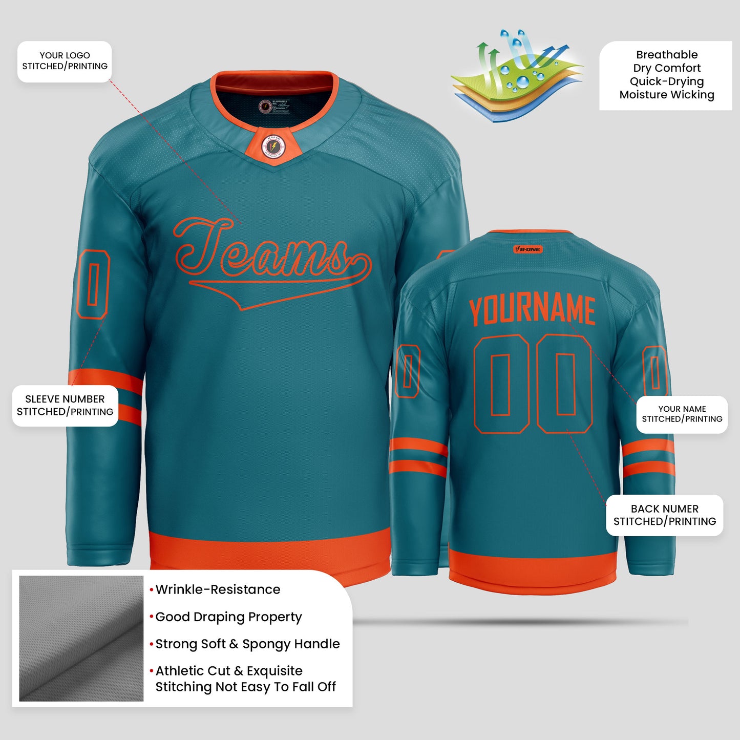 Custom Team Name Orange & Teal Hockey Jersey