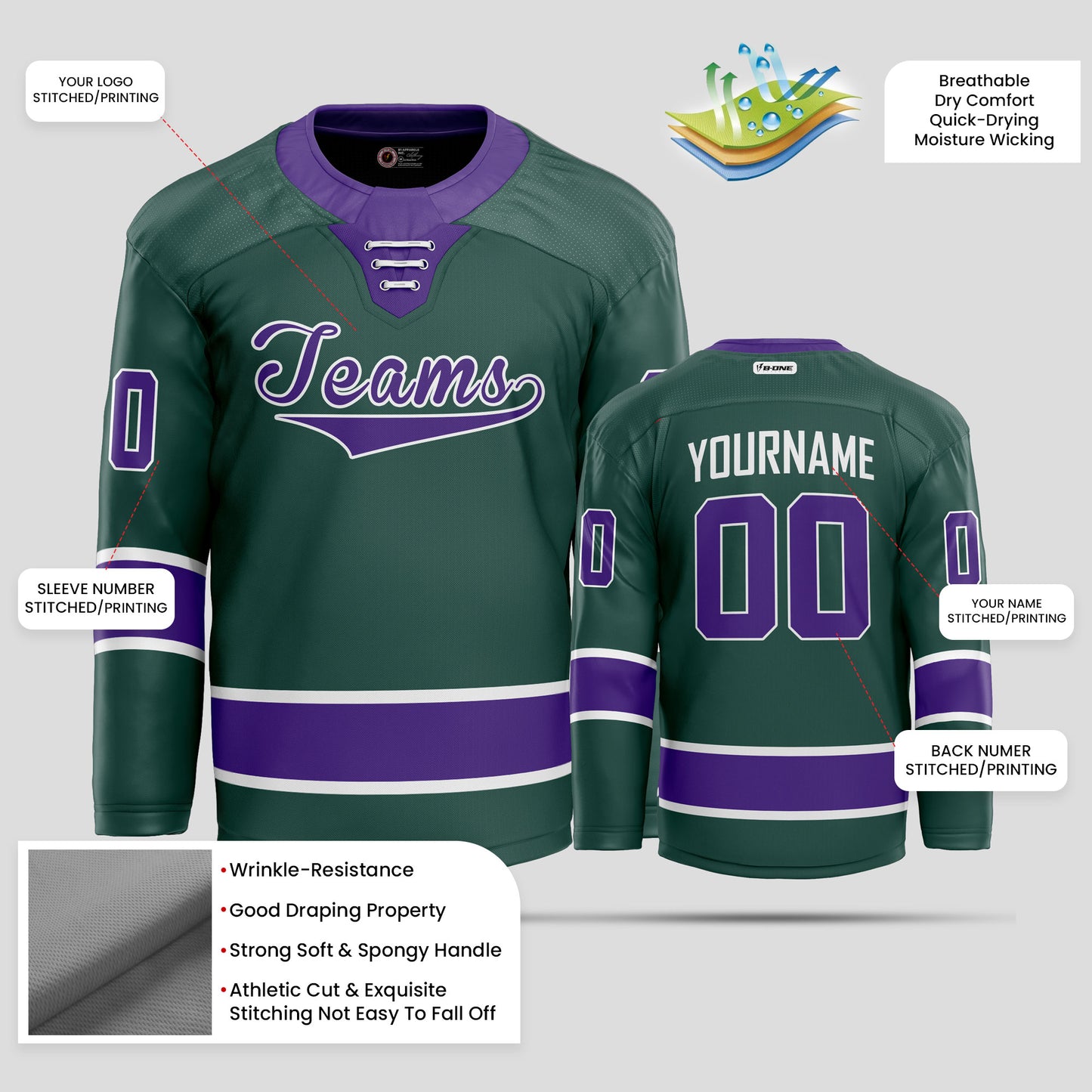 Custom Purple & Green Hockey Jersey with Team Name Personalization