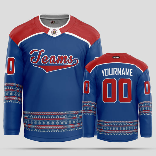 Custom Team Name Red Blue Christmas Hockey Jersey