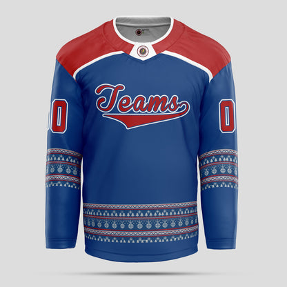 Custom Team Name Red Blue Christmas Hockey Jersey