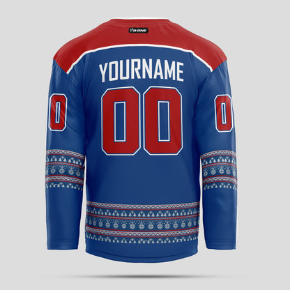 Custom Team Name Red Blue Christmas Hockey Jersey