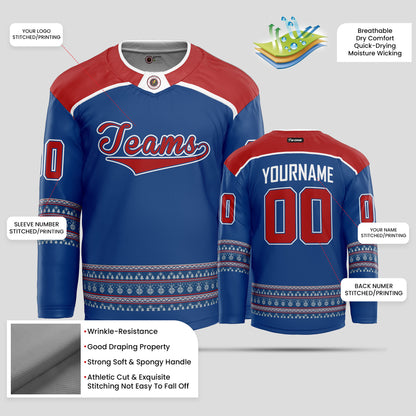 Custom Team Name Red Blue Christmas Hockey Jersey