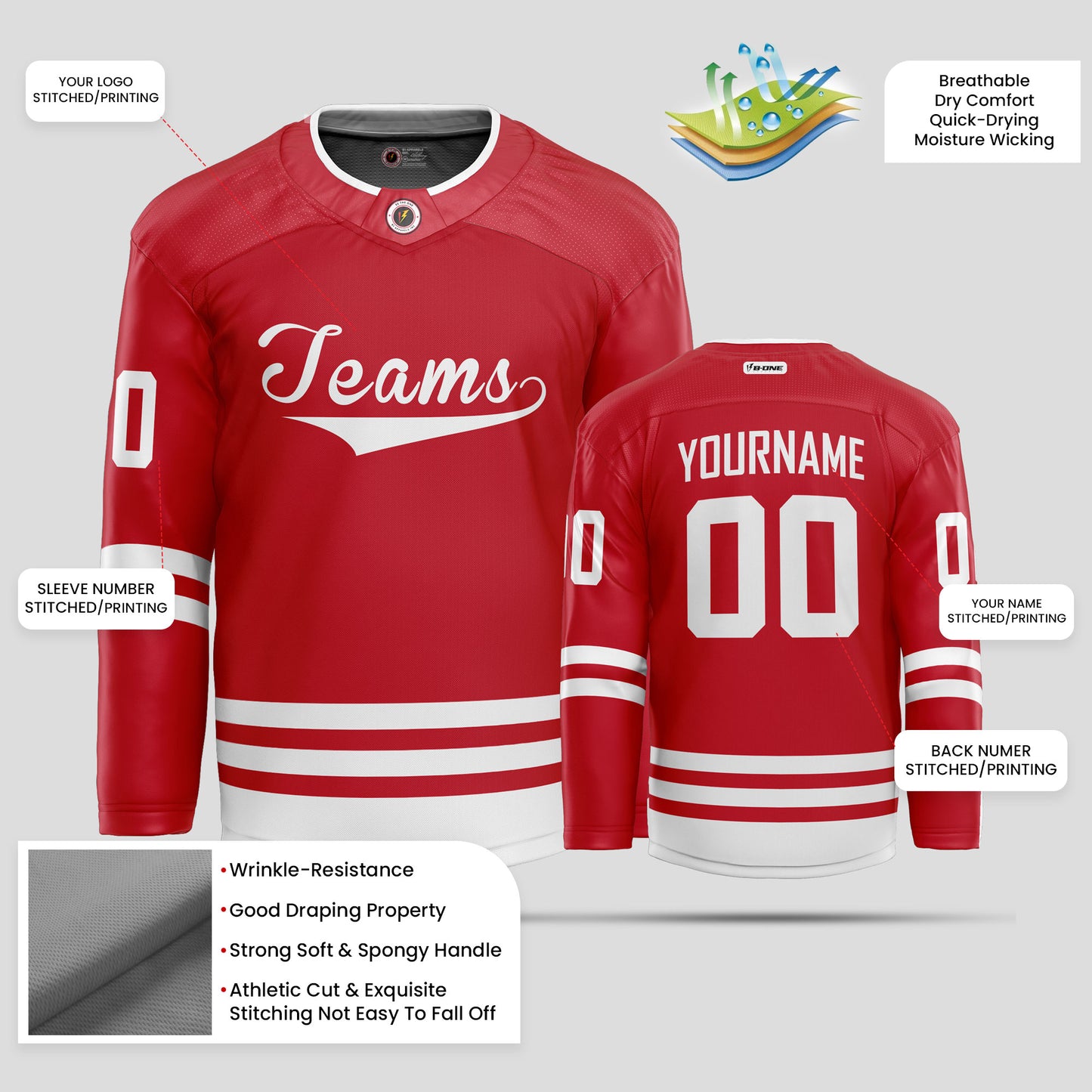 Custom Team Name Red and White Hockey Jersey – Personalized Team Gear