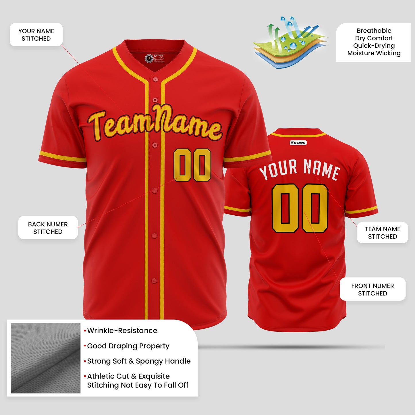 Authentic Custom Red & Yellow Baseball Jersey with Team Name