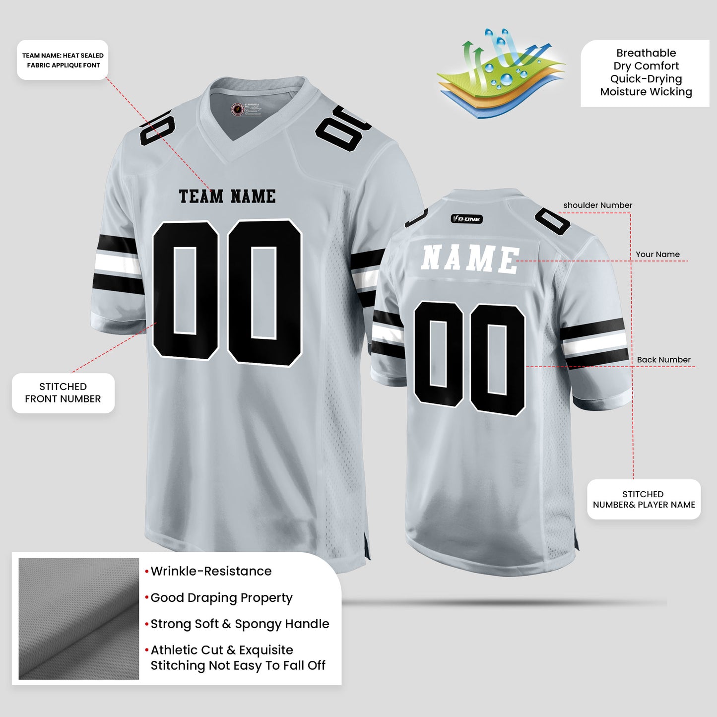 Custom Team Name Silver, Black, and White Football Jersey – Premium Personalized Sportswear