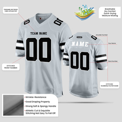 Custom Team Name Silver, Black, and White Football Jersey – Premium Personalized Sportswear