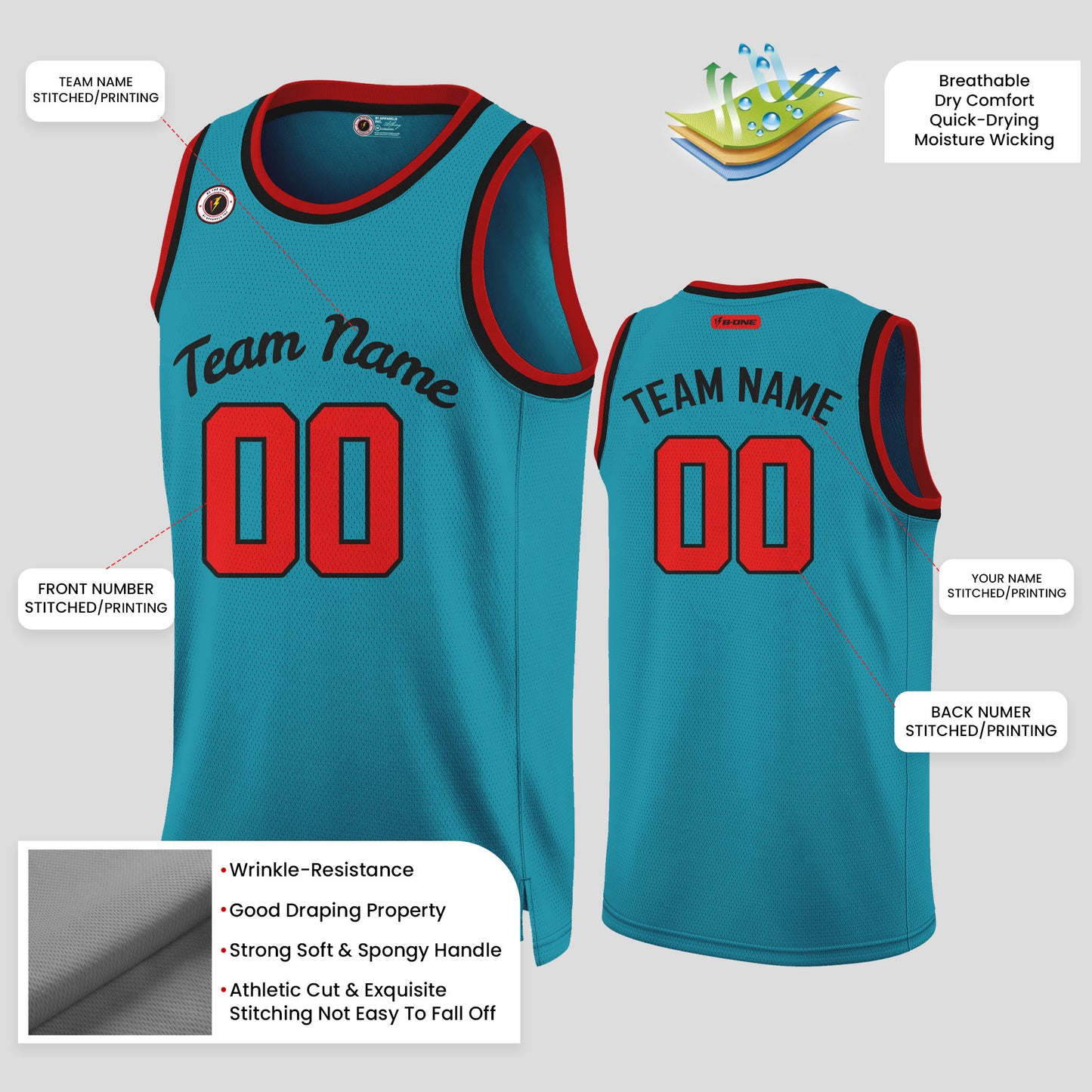 Custom Team Name Teal, Red & Black Basketball Jerseys – Bold & Personalized