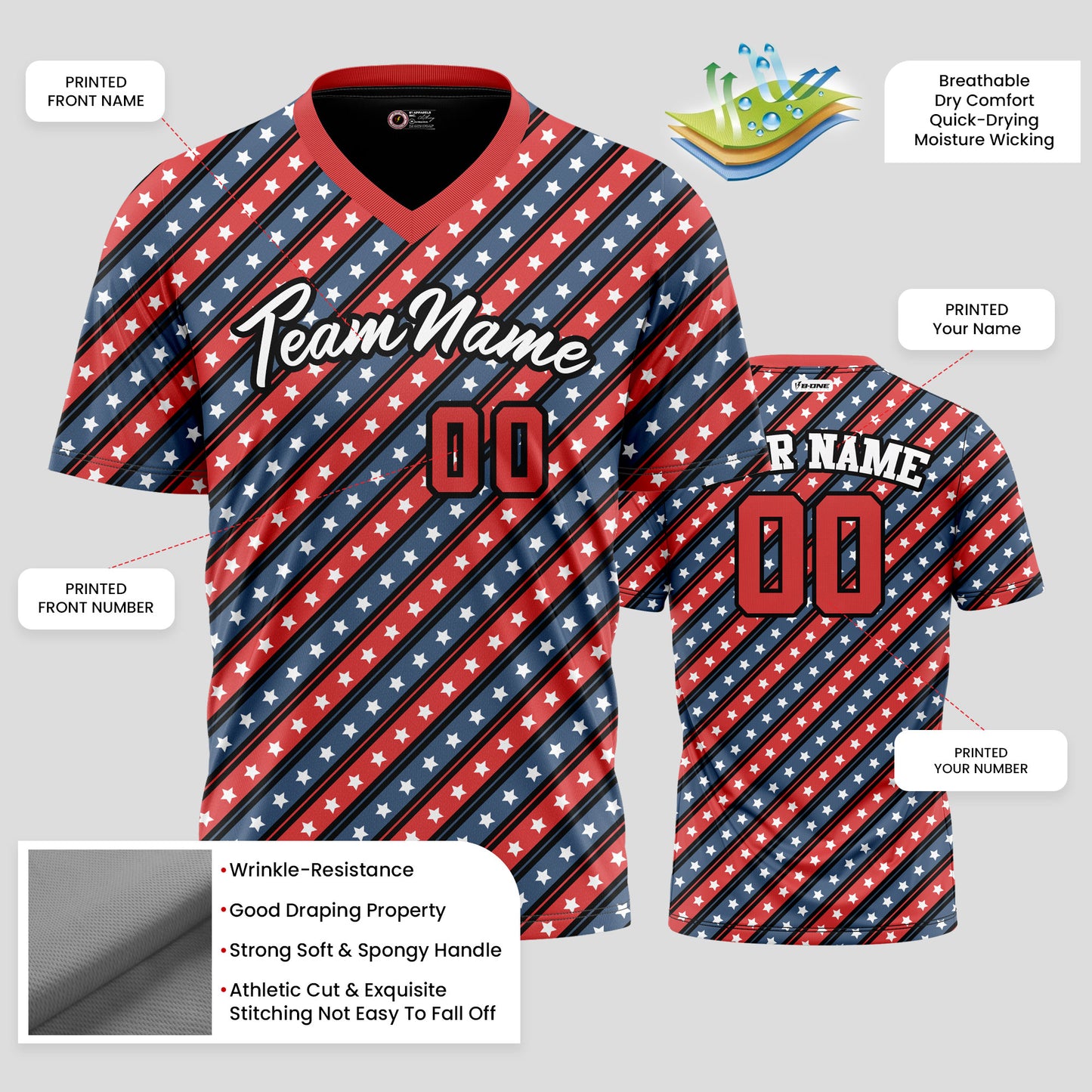 Custom Team Name Red T-Shirts with USA Flag Pattern - Quality Apparel