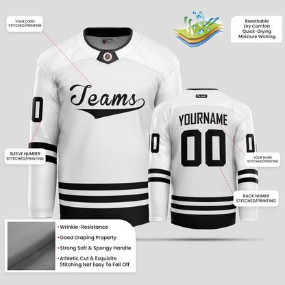 Custom Team Name White and Black Ice Hockey Jersey - Premium Quality & Personalized