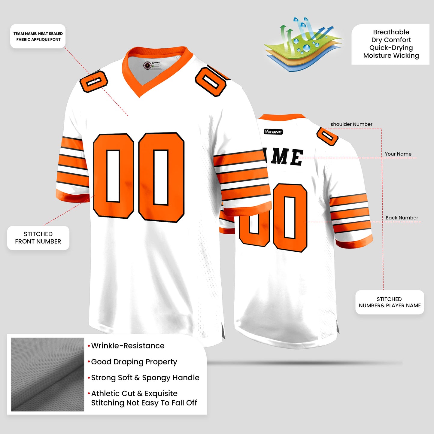 Custom Team Name White and Orange Football Jersey – Personalized for Performance