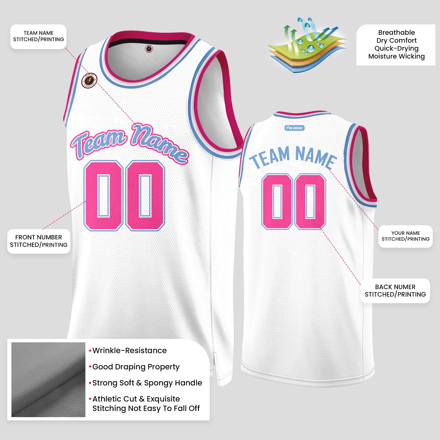 Custom Team Name White, Pink & Blue Basketball Jerseys – Stylish & Personalized