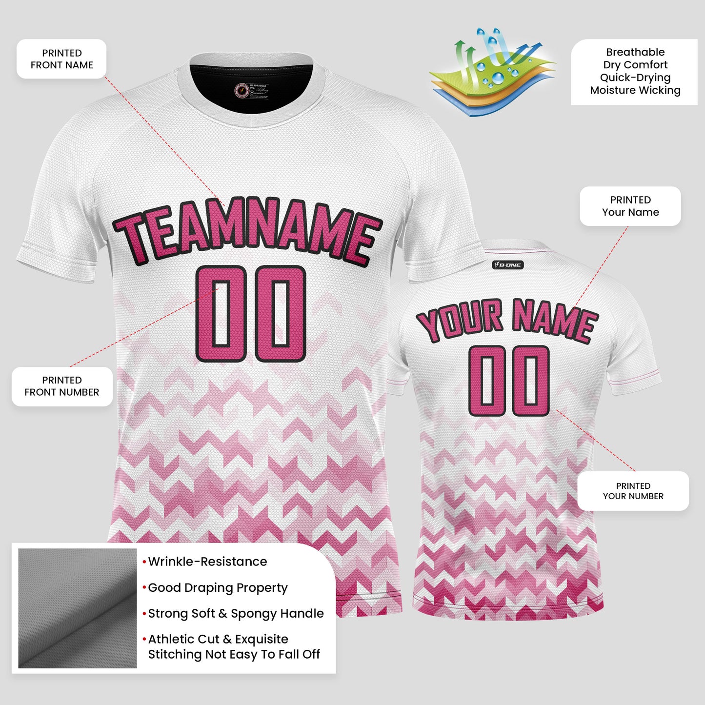 Custom White & Pink Soccer Jerseys with Personalized Team Names