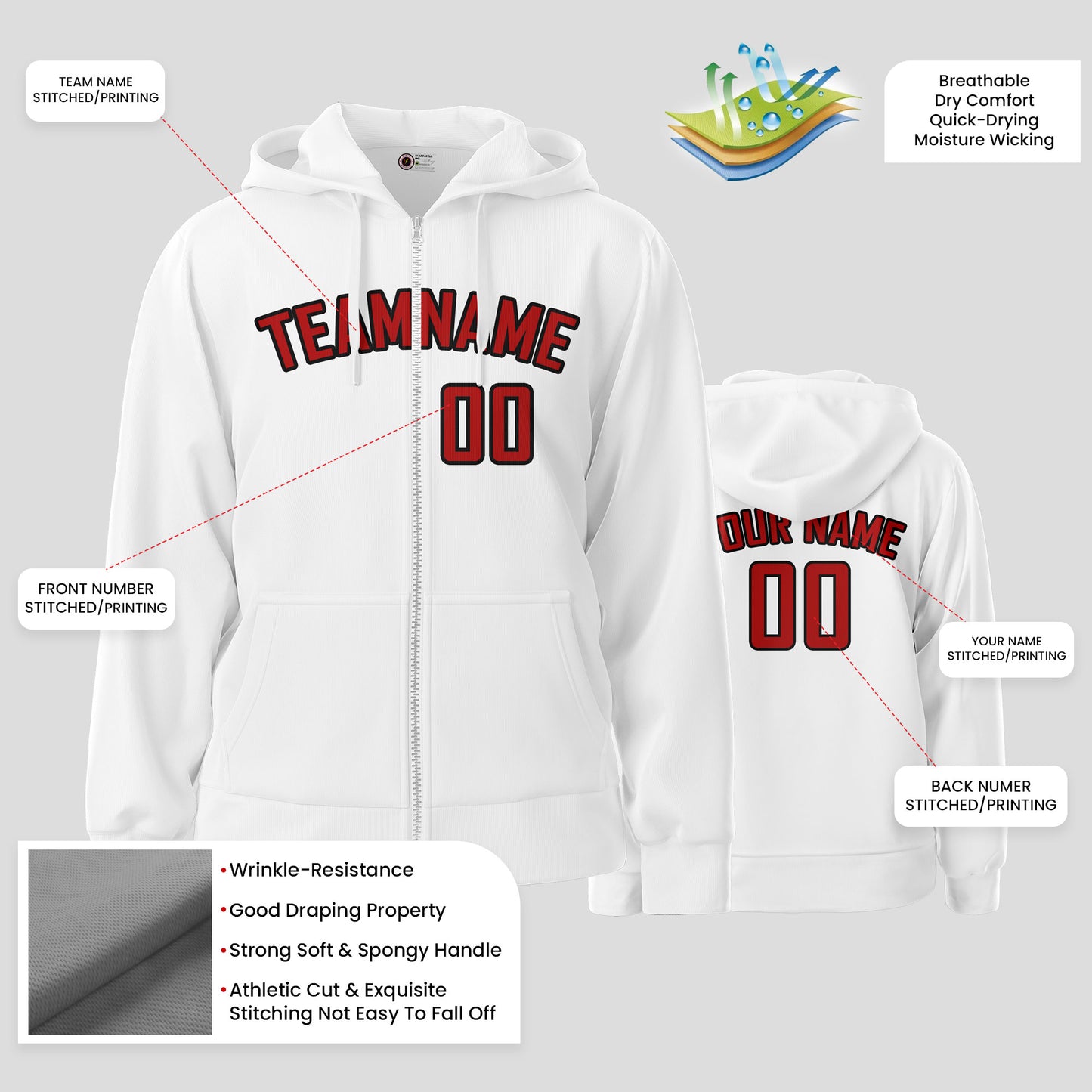 Custom Team Name White and Red Pullover Sweatshirts Hoodie