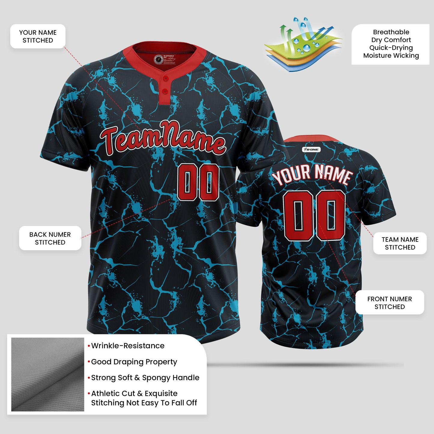 Custom Team Number 3D Pattern Two-Button Baseball Jersey