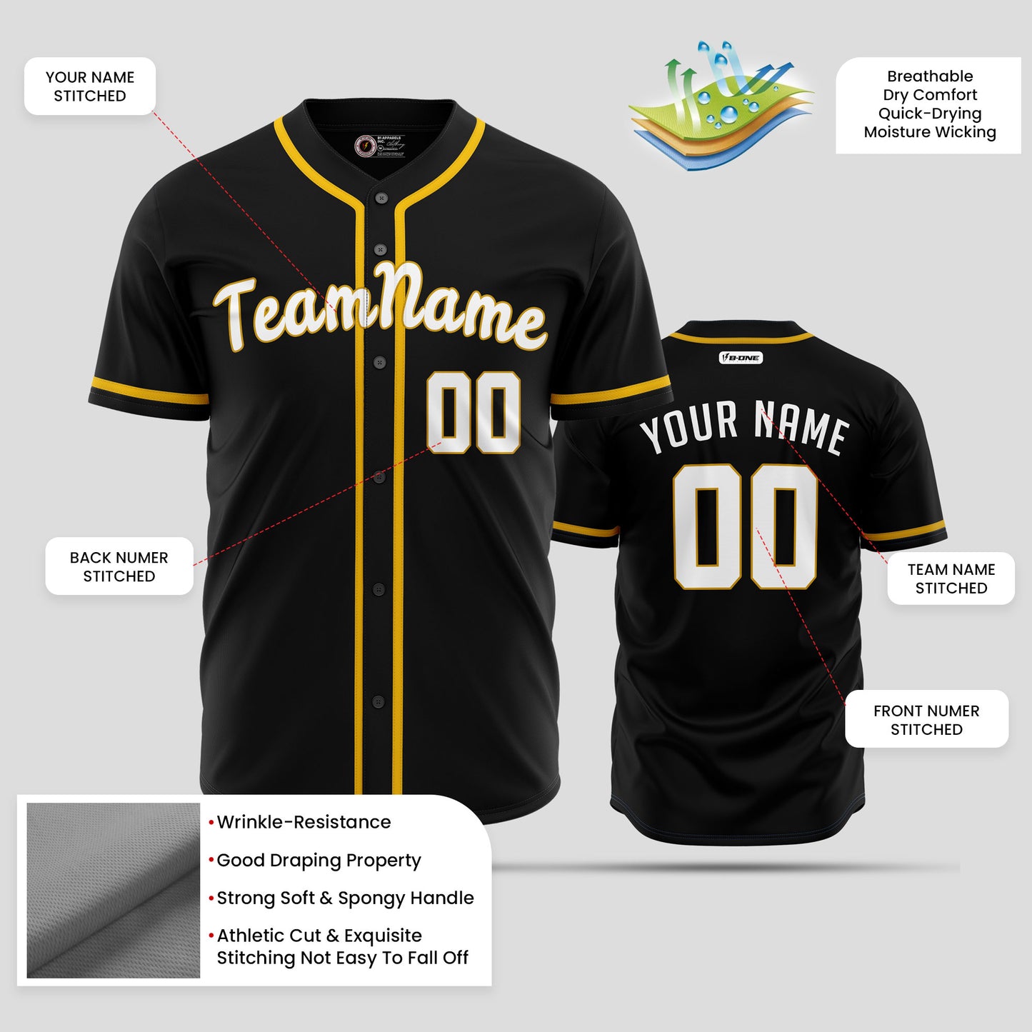 Custom Team Number Black, Gold & White Baseball Jersey