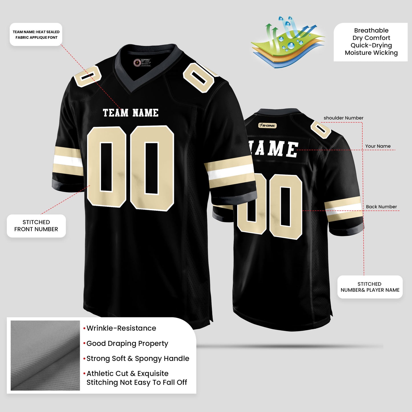 Custom Team Number Black and Old Gold Football Jersey – Personalized Teamwear