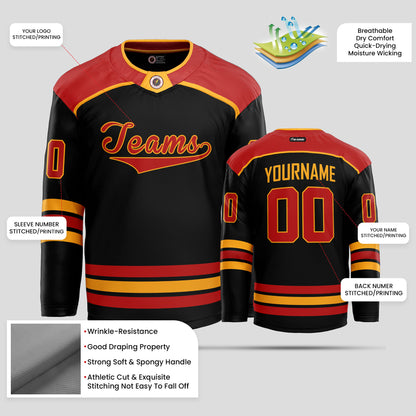 Custom Team Number Black and Red Authentic Hockey Jersey